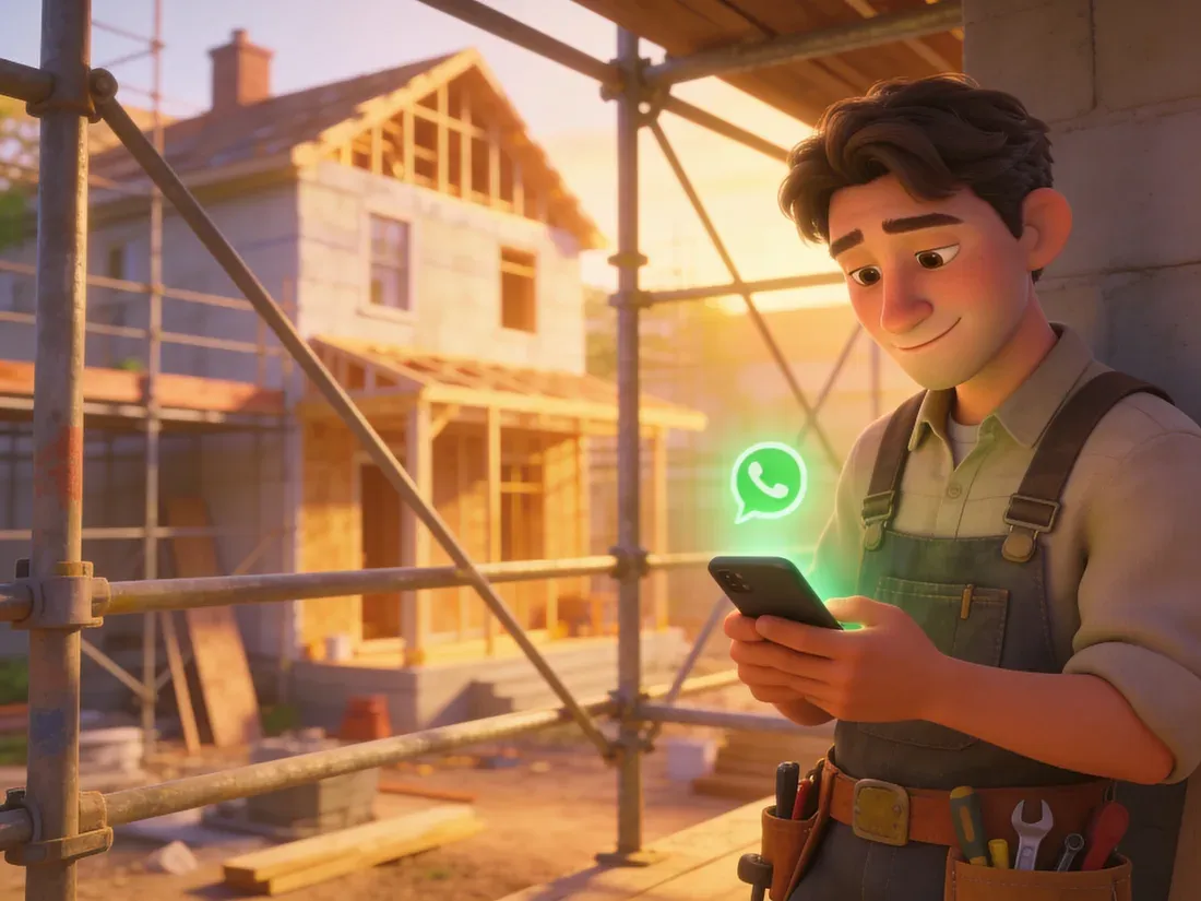 Handwerker auf der Baustelle schaut auf eine WhatsApp von Petra