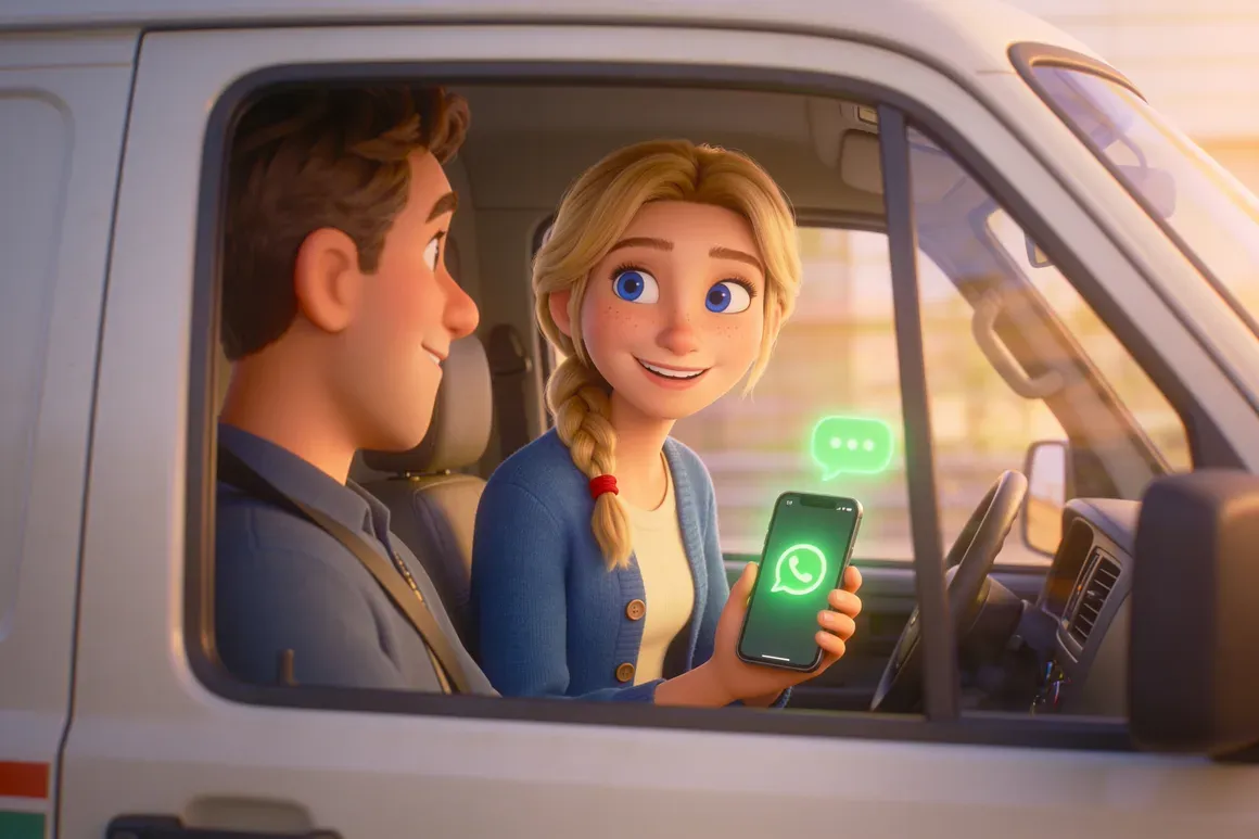 Petra fährt im Transporter mit und schreibt dem Handwerker per WhatsApp